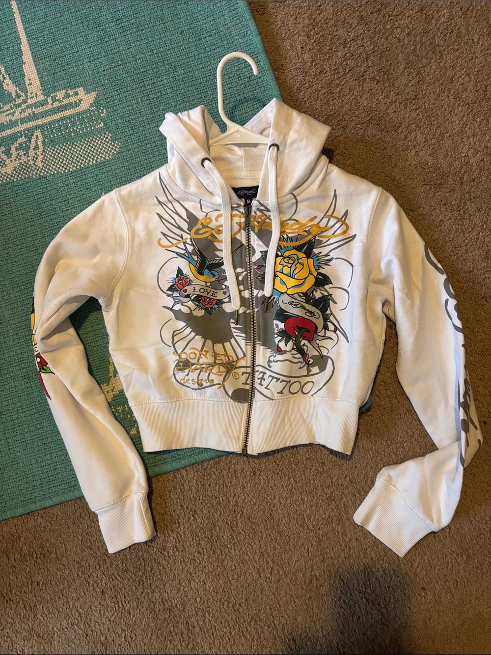 Ed Hardy White Tattoo-Graphic Cropped Zip Hoodie